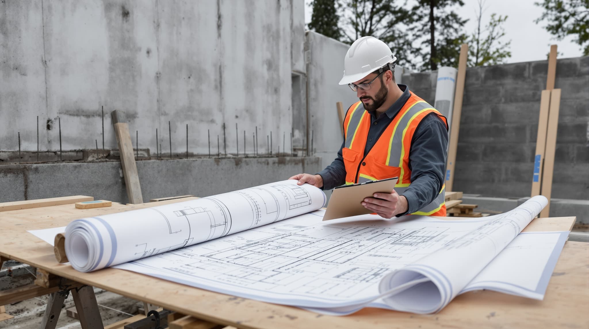 Foundation repair crew reviewing engineering drawings